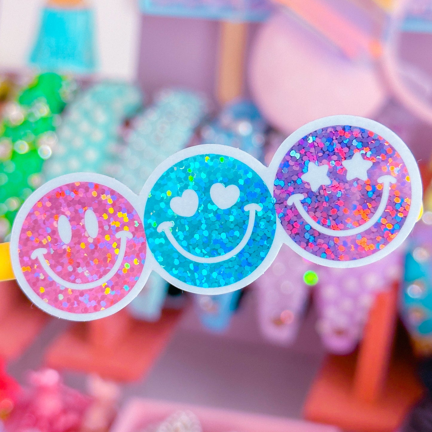 Waterproof Sticker - Glitter Smiley Trio (Pink, Blue, Purple)