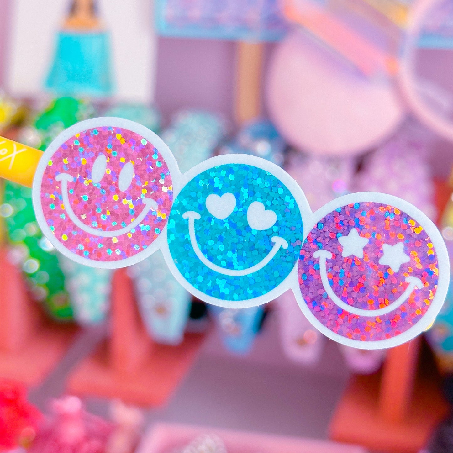 Waterproof Sticker - Glitter Smiley Trio (Pink, Blue, Purple)