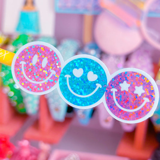 Waterproof Sticker - Glitter Smiley Trio (Pink, Blue, Purple)