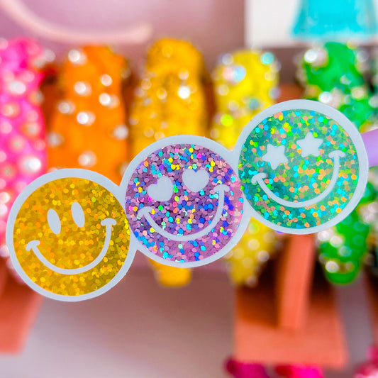 Waterproof Sticker - Glitter Smiley Trio (Yellow, Pink, Green)