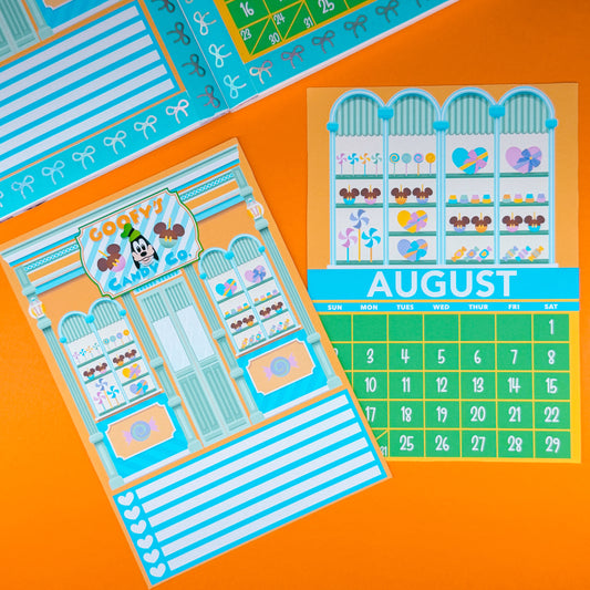 5x7 Full Page Sticker - 2026 August Calendar & Storefront (Goofy's Candy)